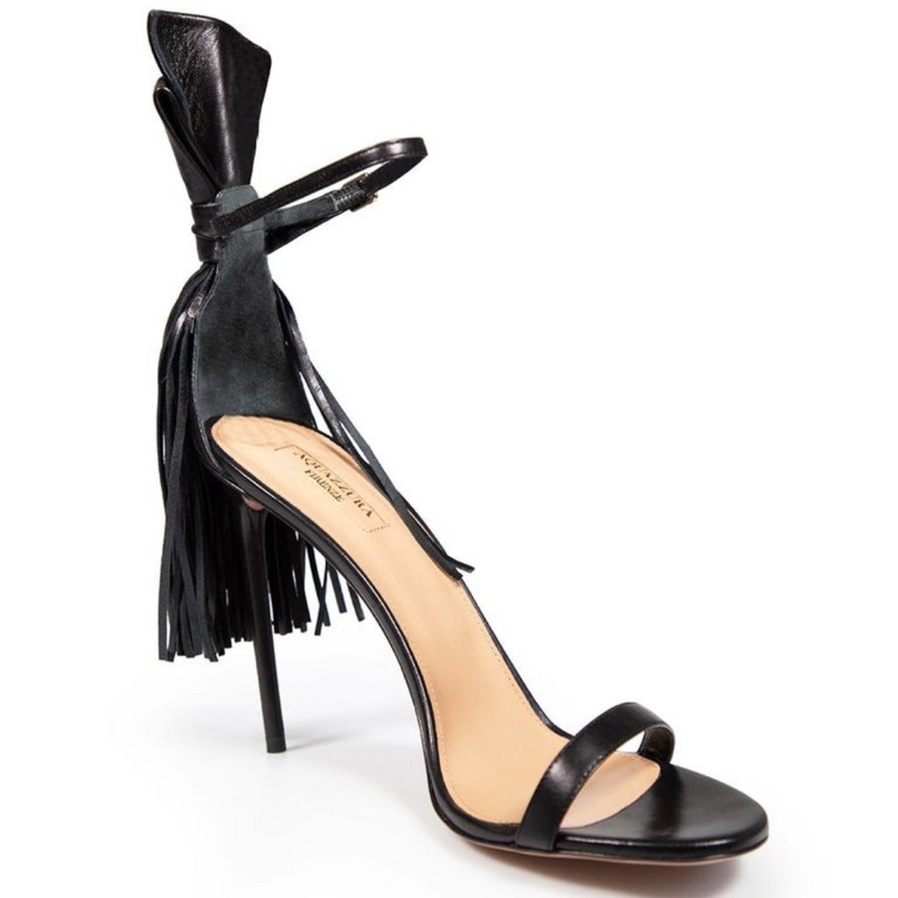 Aquazzura Whip It Fringe Ankle Strap Black High Heels Sandals, size 41, size 10.